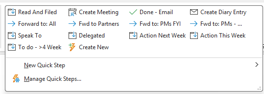 Outlook Quick Steps showing email actions such as read and filed, create meeting, forward to partners, delegated, speak to and action this week