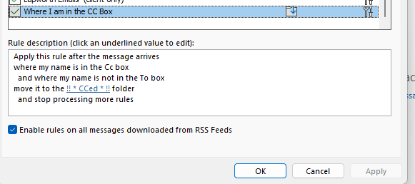 Outlook rule moving emails where the recipient is copied in and not the main recipient