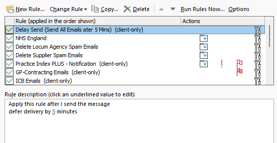 Outlook rule deferring delivery of sent emails by five minutes