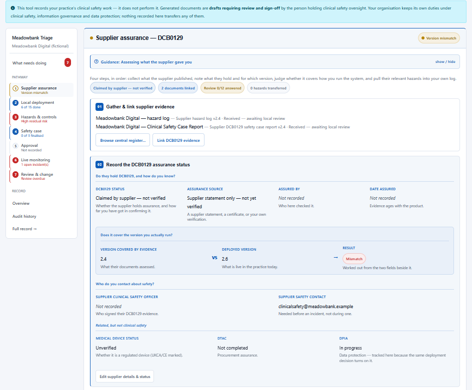 Haresign DCB0129 supplier assurance workflow showing linked supplier evidence and a mismatch between supplier evidence version and deployed system version