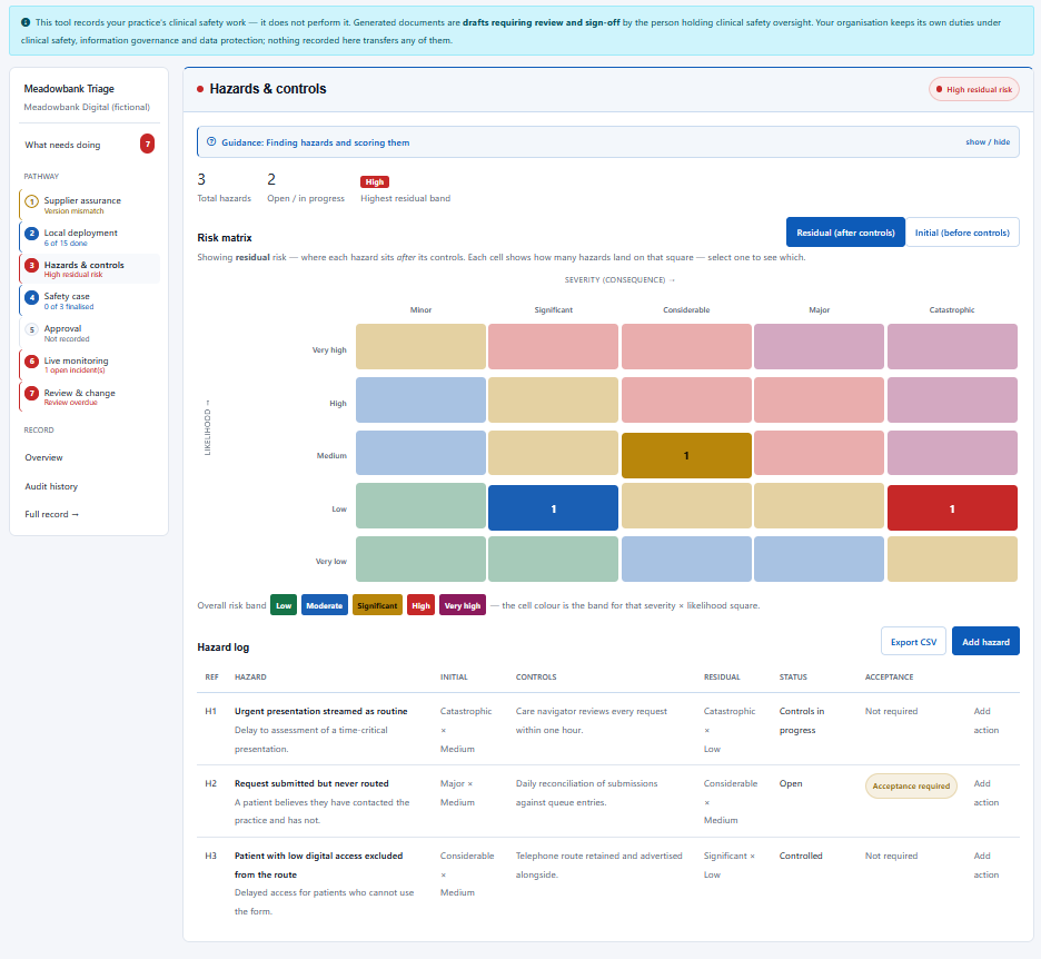 Haresign clinical safety hazard log and 5 by 5 risk matrix showing initial risk, controls, residual risk and risk acceptance