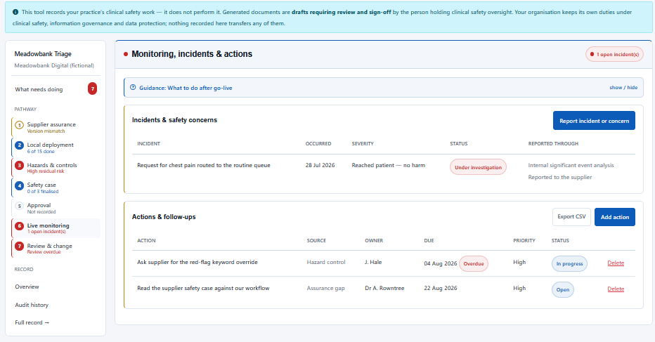 Haresign Clinical Safety monitoring screen showing a safety incident under investigation and outstanding follow-up actions